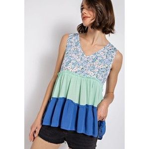 New Gigio Size S M L Blue Color Block Floral Tiered Sleeveless Rayon Knit Top
